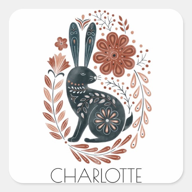 Personalized Woodlands Rabbit Illustrated Folk Art Square Sticker (Front)