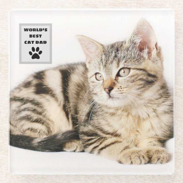 Personalized World's Best Cat Dad Custom Photo Glass Coaster (Front)