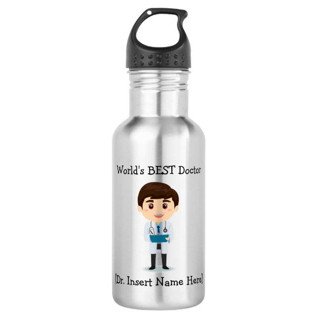 Personalized World's BEST Doctor, Brunette Male Stainless Steel Water Bottle (Front)