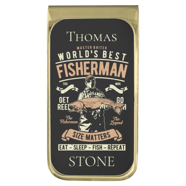 Personalized Worlds Best Fisherman  Gold Finish Money Clip (Front Vertical)