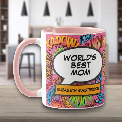 Personalized Worlds Best Mom Fun Pink Comic Book Mug