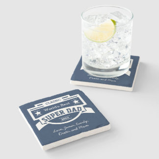 Personalized World's Best Navy Blue Super Dad Stone Coaster