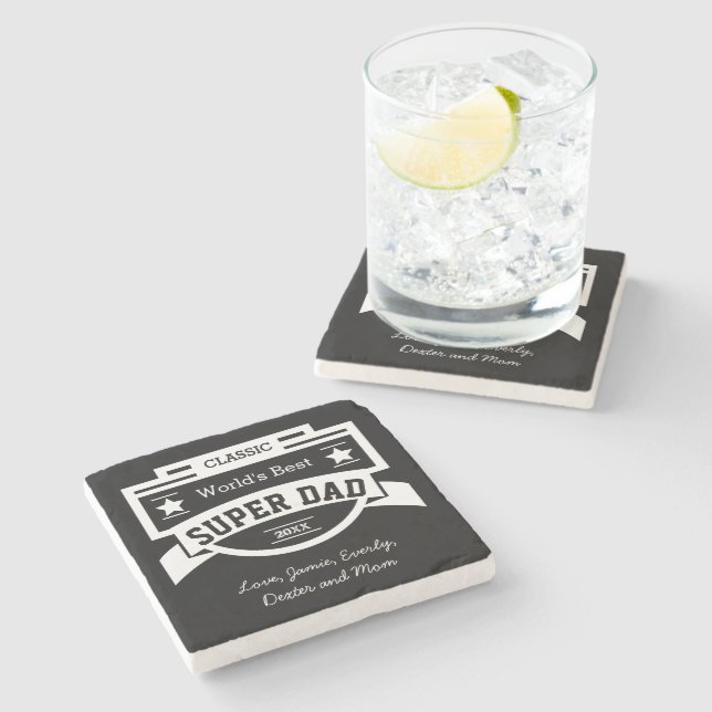 Personalized World's Best Super Dad Stone Coaster (Side)
