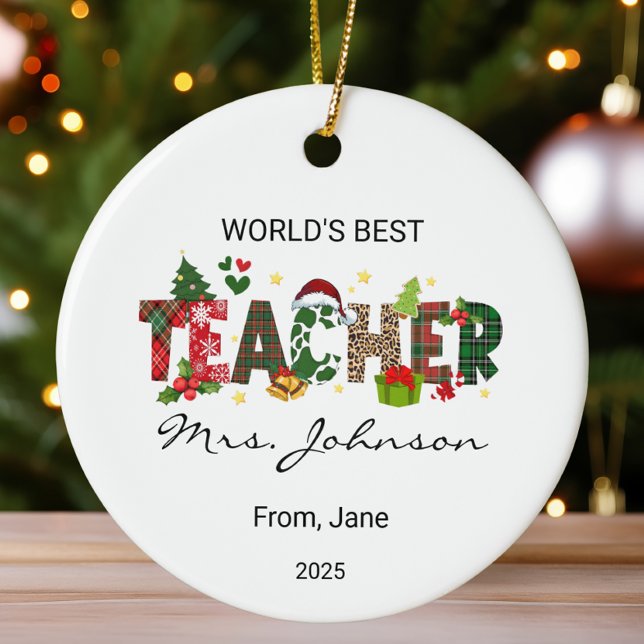 Personalized World's Best Teacher Christmas Gift Ceramic Ornament (Creator Uploaded)