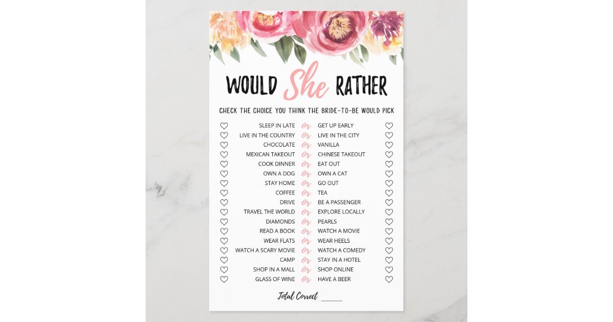 Personalized Would She Rather Bridal Shower Game Zazzle