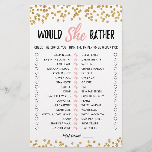 Personalized Would She Rather Bridal Shower game (Front)
