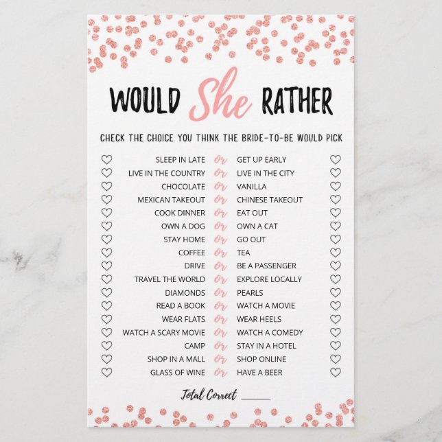 Personalized Would She Rather Bridal Shower game (Front)
