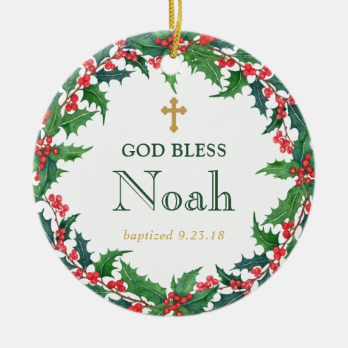 Personalized Wreath Baptism Gift God Bless Ceramic Ornament