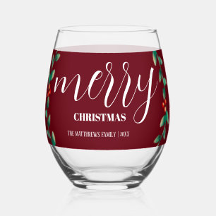 Personalized Wreath Burgundy Merry Christmas Name Stemless Wine Glass
