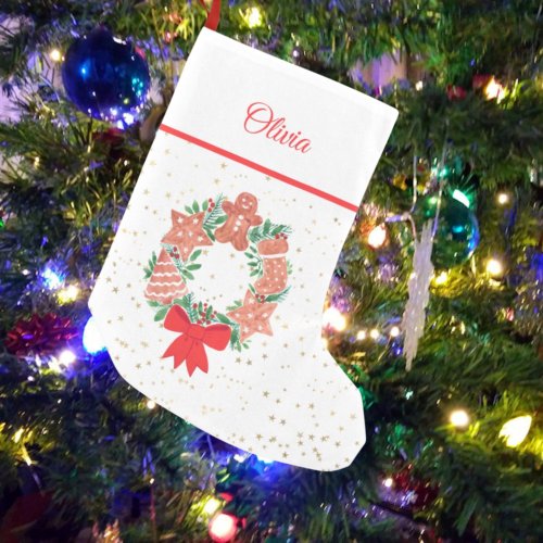 Personalized Wreath Gold Stars Cookies Christmas  Small Christmas Stocking