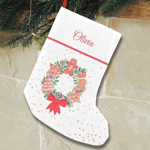 Personalized Wreath Gold Stars Cookies Christmas  Small Christmas Stocking