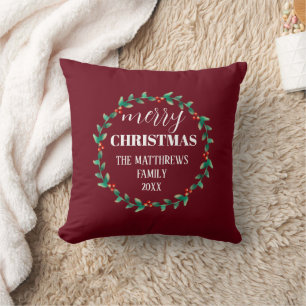 Personalized Wreath Merry Christmas Photo Name Throw Pillow
