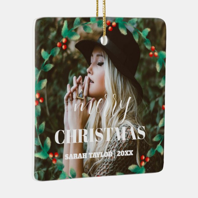 Personalized Wreath Merry Christmas Photo Script  Ceramic Ornament (Right)