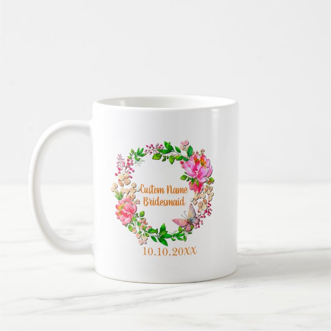 Personalized Wreath Pink Floral Wedding Party Coffee Mug (Left)