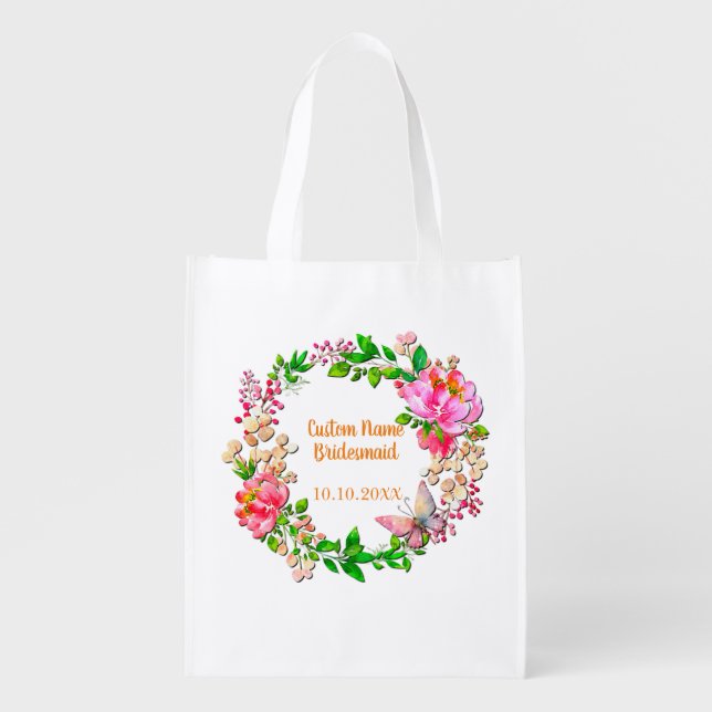 Personalized Wreath Pink Floral Wedding Party Grocery Bag (Front)