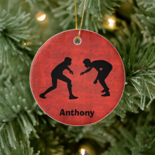 Personalized Wrestler Silhouettes Christmas Ceramic Ornament