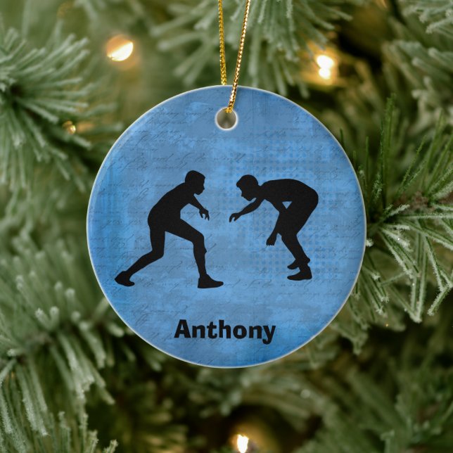 Personalized Wrestler Silhouettes Christmas Ceramic Ornament (Tree)