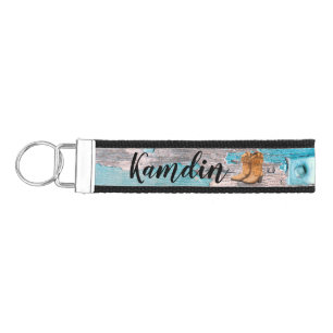 Personalized Wrist Key Chain Blue Wood Barn Door B