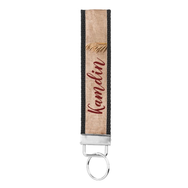 Personalized Wrist Key Chain Wheat on Burlap Sack (Keys on Bottom)