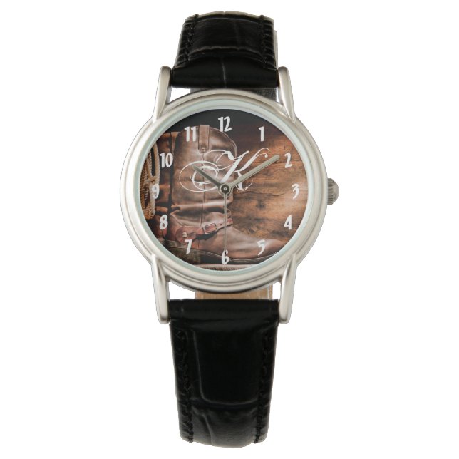 Personalized Wrist Watch Cowboy Boots Barn Wood Ru (Front)