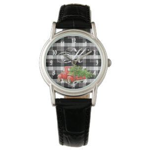Personalized Wrist Watch XMAS Truck Baffalo Plaid