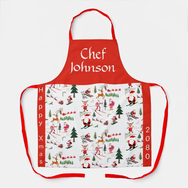 Personalized Xmas Apron with Ski Santa pattern (Front)