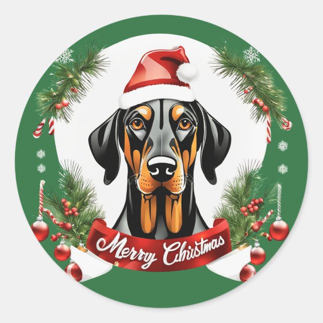 Personalized Xmas Doberman Dog Merry Christmas Classic Round Sticker (Front)