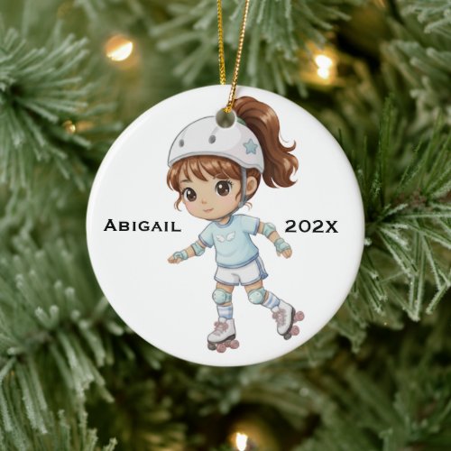 Personalized Xmas Hispanic Girl Roller Skating Ceramic Ornament