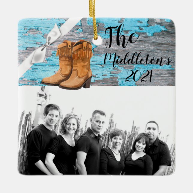 Personalized XMAS Ornament Blue Wood Barn Door Boo (Front)