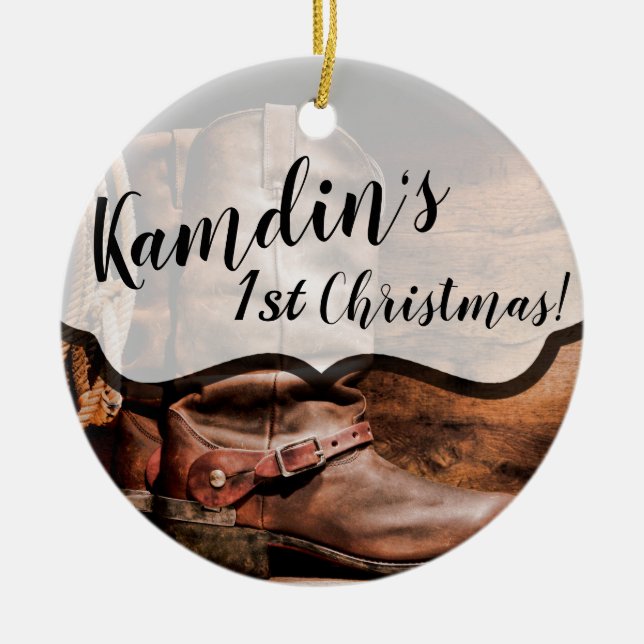 Personalized XMAS Ornament Cowboy Boots Barn Wood (Front)