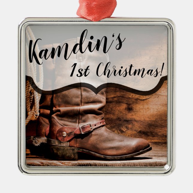 Personalized XMAS Ornament Cowboy Boots Barn Wood (Front)