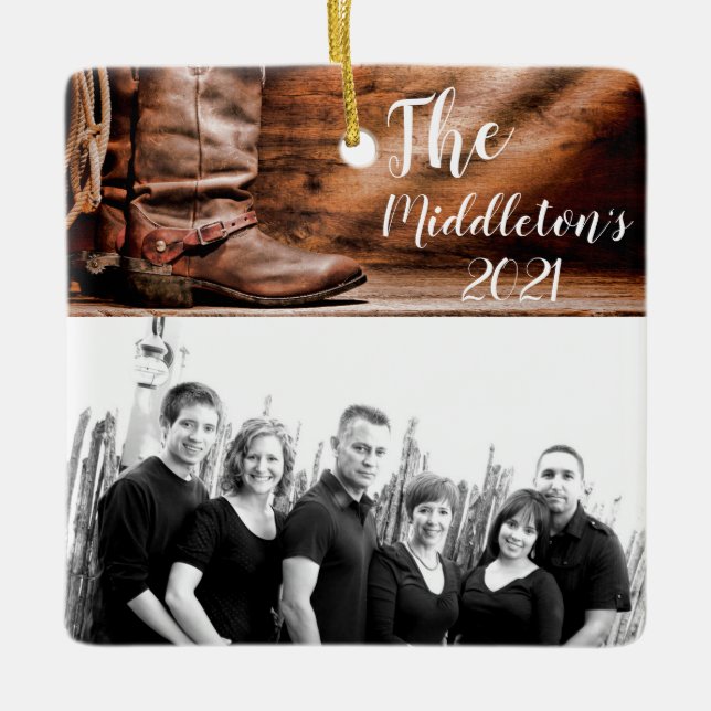 Personalized XMAS Ornament Cowboy Boots Barn Wood (Front)