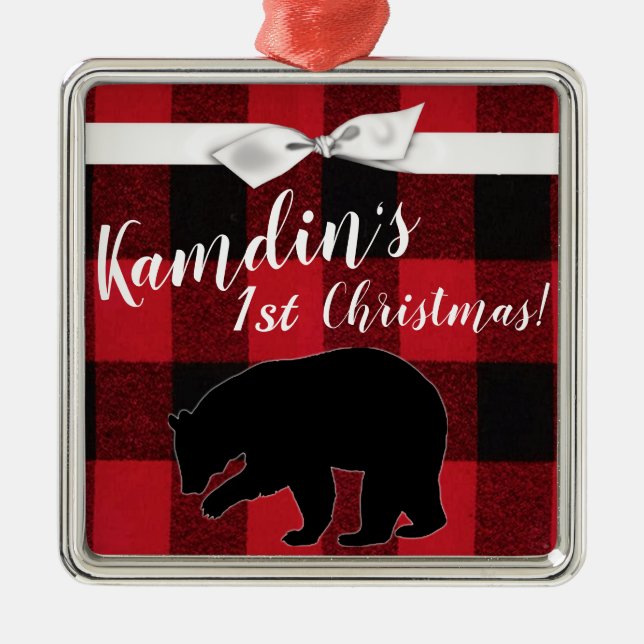 Personalized XMAS Ornament Red Buffalo Plaid Bear (Front)