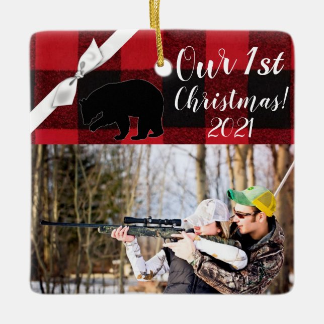 Personalized XMAS Ornament Red Buffalo Plaid Bear (Front)