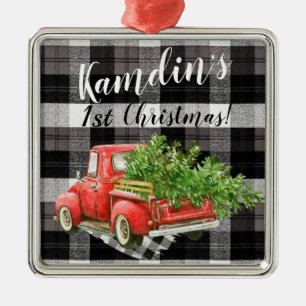 Personalized XMAS Ornament Truck Buffalo Plaid Bla