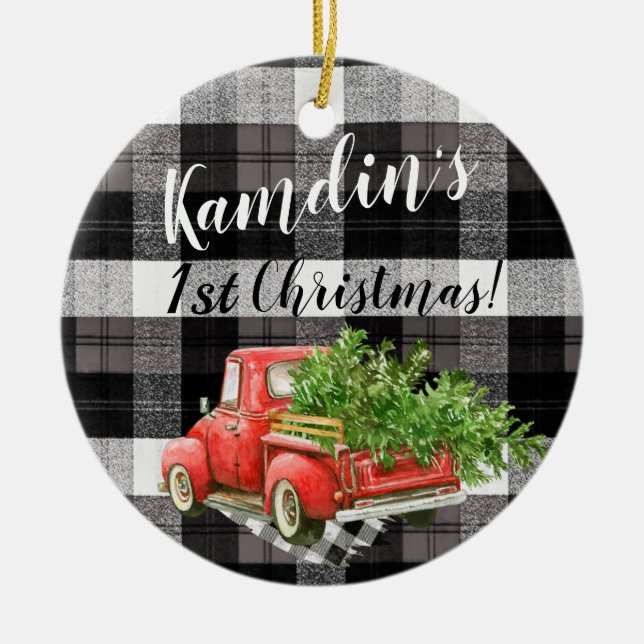 Personalized XMAS Ornament Truck Buffalo Plaid Bla (Front)