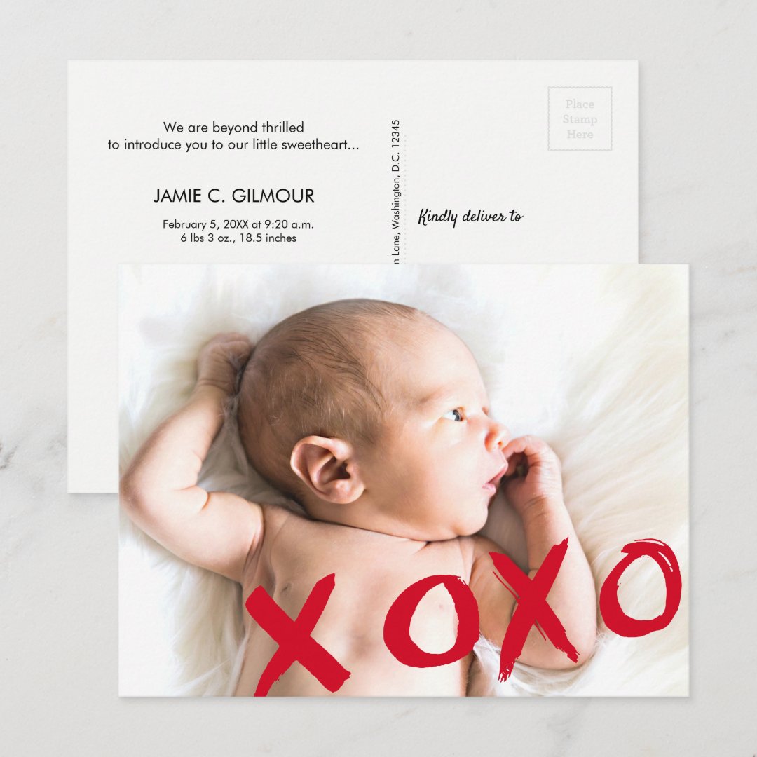 Personalized XOXO Valentine's Baby photo Announcement Postcard Zazzle