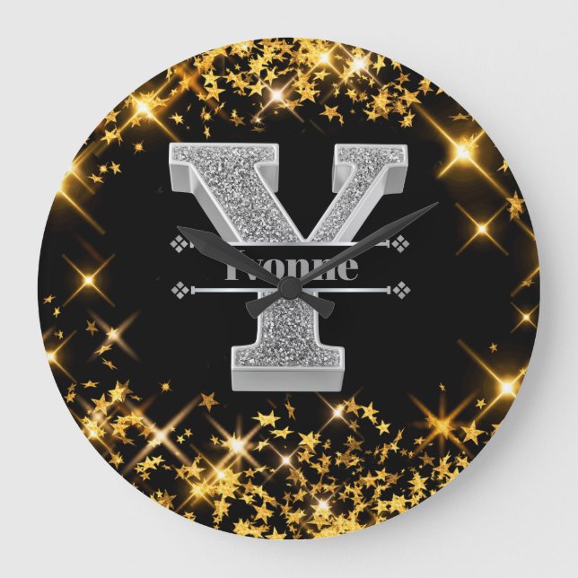 Personalized Y Initial Silver Monogram Your Name Large Clock (Front)