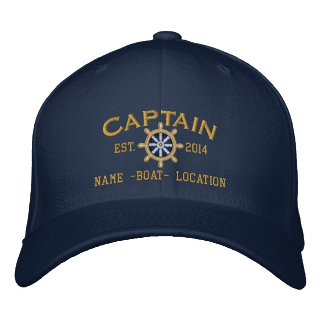 Personalized YEAR and Names Captain Wheel Embroidered Baseball Cap (Front)
