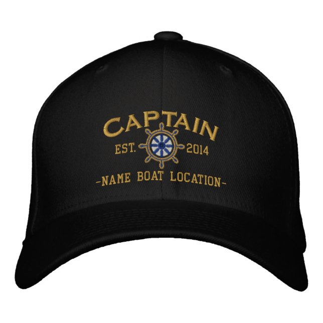 Personalized YEAR and Names Captain Wheel Embroidered Baseball Cap (Front)