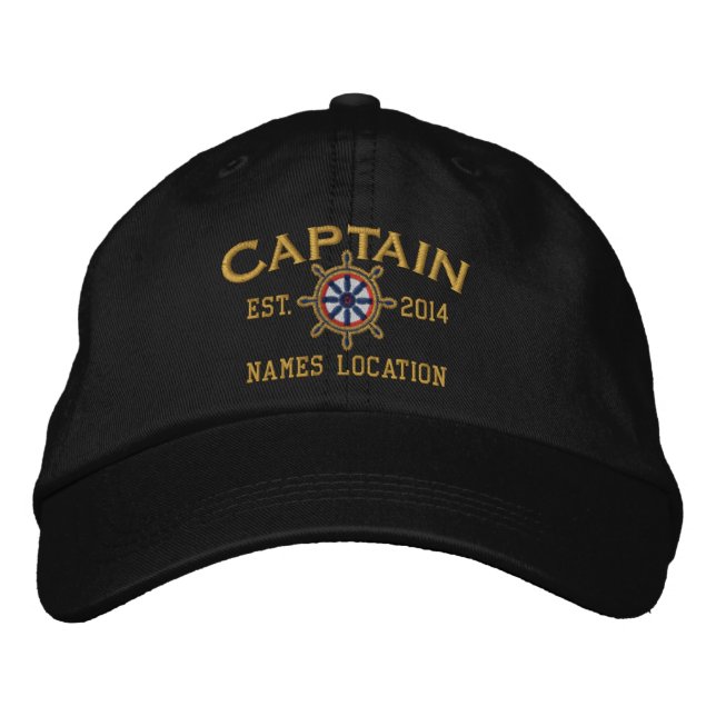 Personalized YEAR and Names Captain Wheel Embroidered Baseball Hat (Front)