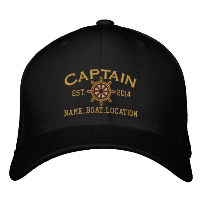 Personalized YEAR and Names Captain Wheel Embroidered Baseball Hat (Front)