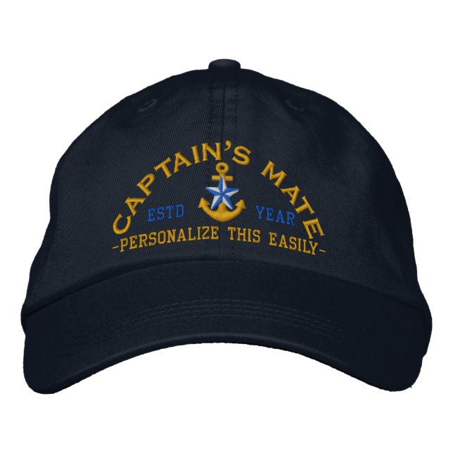 Personalized YEAR and Names Captain's Mate Star Embroidered Baseball Hat (Front)