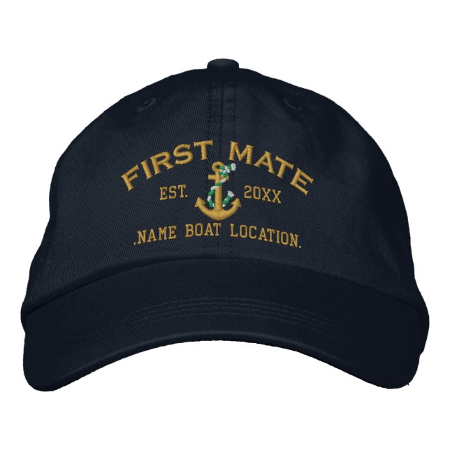 Personalized YEAR and Names First Mate Rope Anchor Embroidered Baseball Cap (Front)