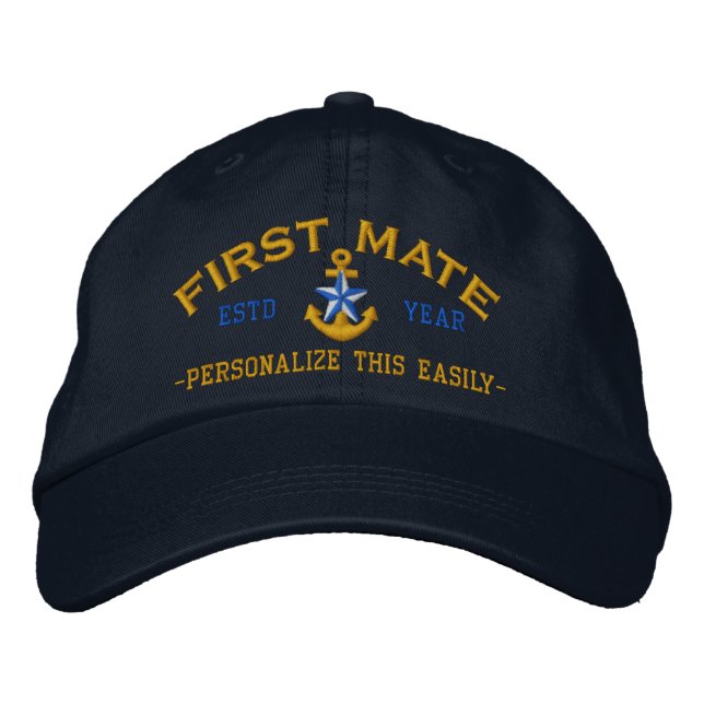 Personalized YEAR and Names First Mate Star Anchor Embroidered Baseball Hat (Front)