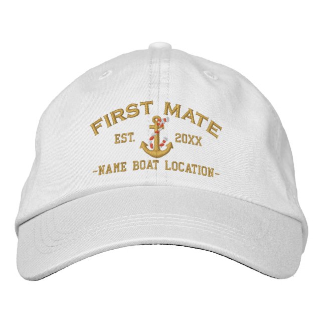 Personalized YEAR and Names for First Mate Anchor Embroidered Baseball Cap (Front)