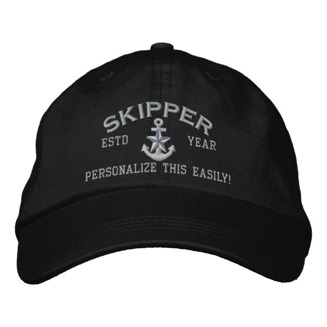 Personalized YEAR and Names Skipper Silver Star Embroidered Baseball Cap (Front)
