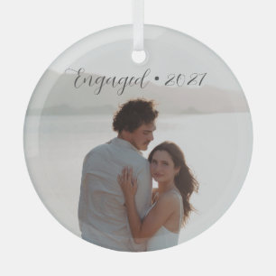 Personalized Year Engaged Couple Christmas Script Glass Ornament