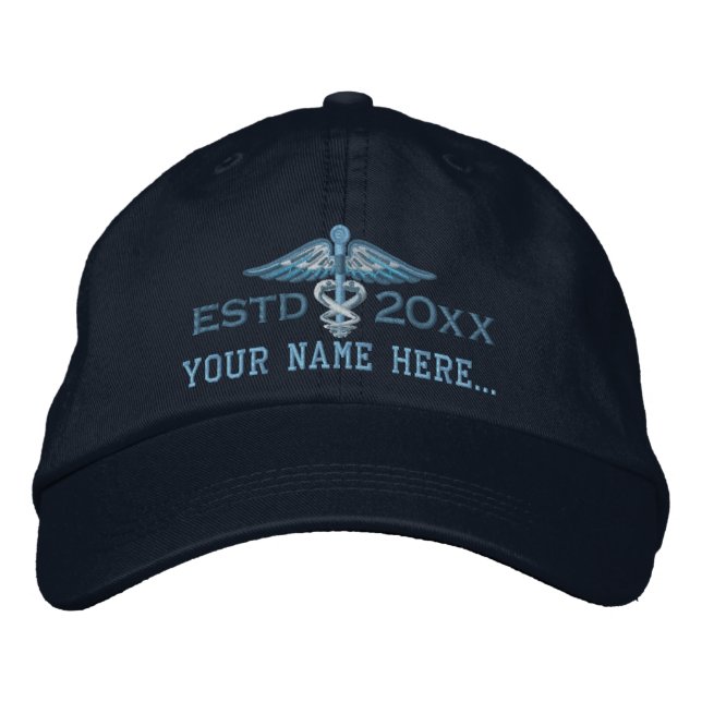 Personalized Year Your Text Medical Caduceus Embroidered Baseball Cap (Front)
