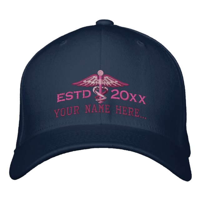 Personalized Year Your Text Medical Caduceus Embroidered Baseball Hat (Front)